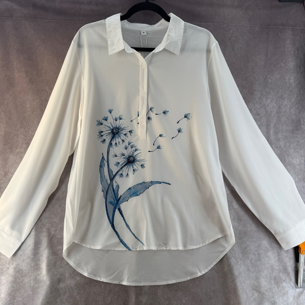 NWT Made With Heart White Abstract Print Button Down Shirt XL Long Sleeve Tunic